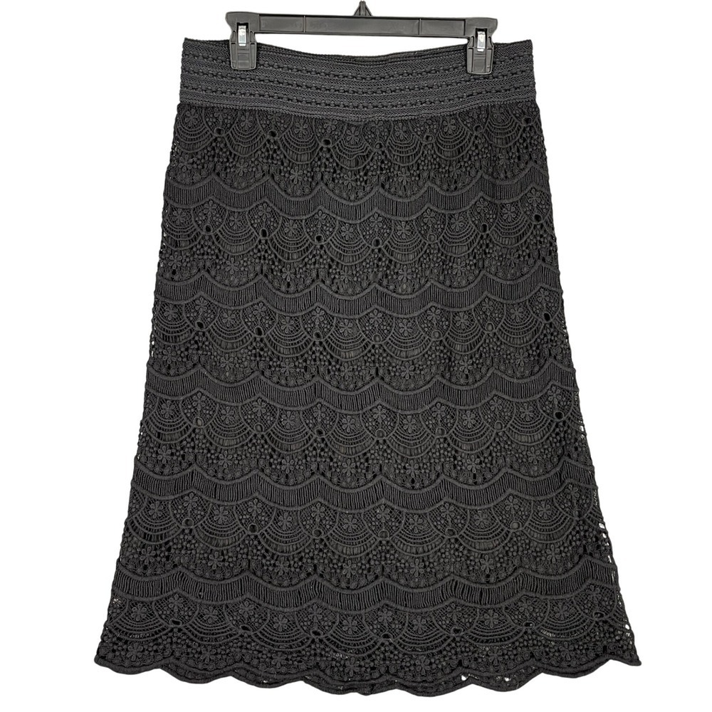 Monroe and Main Black Crochet Lace Scalloped Hem‎ Lined Midi Skirt M Womens